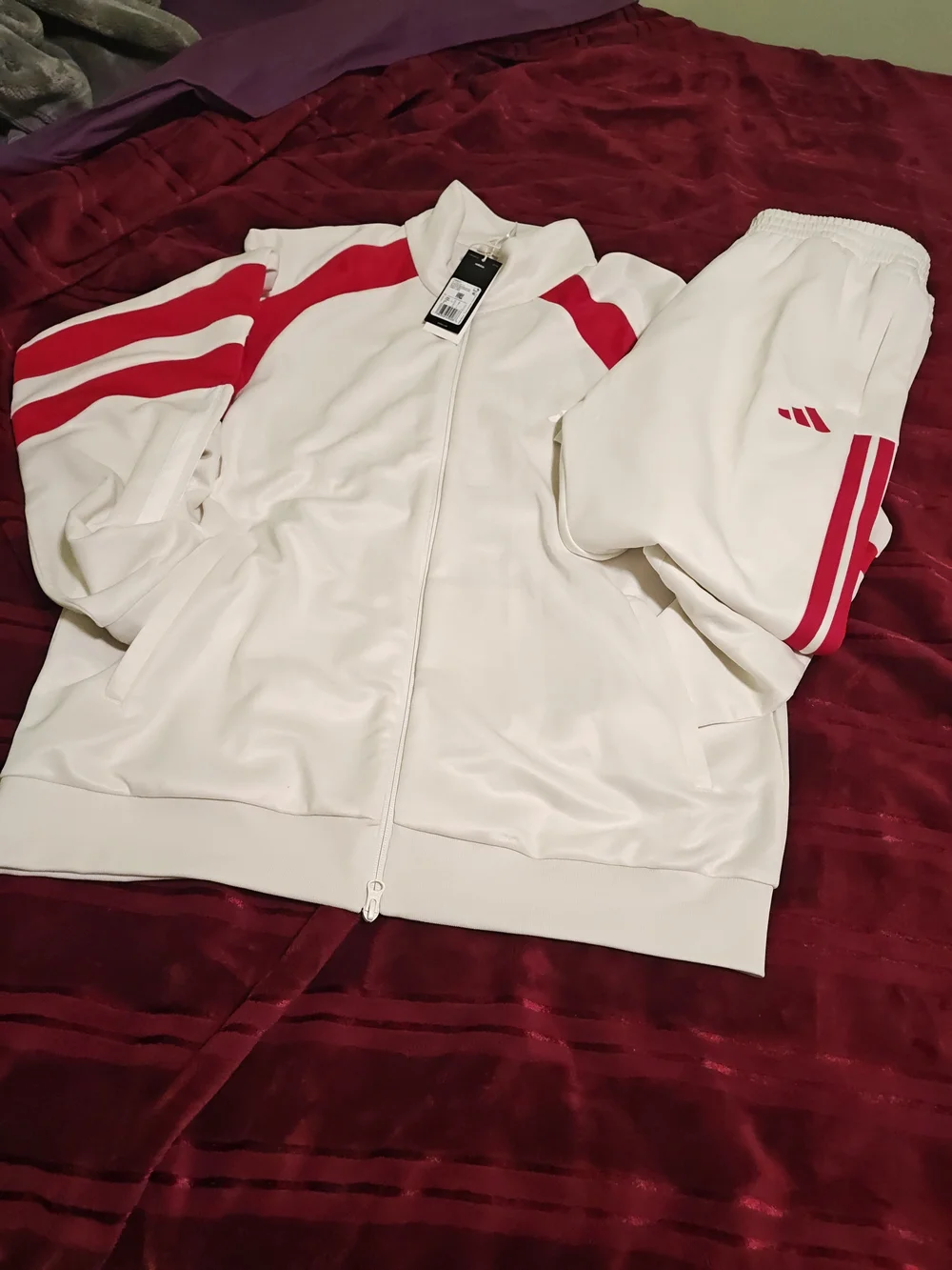 adidas White Track Jacket & Pants Set with Red Stripes